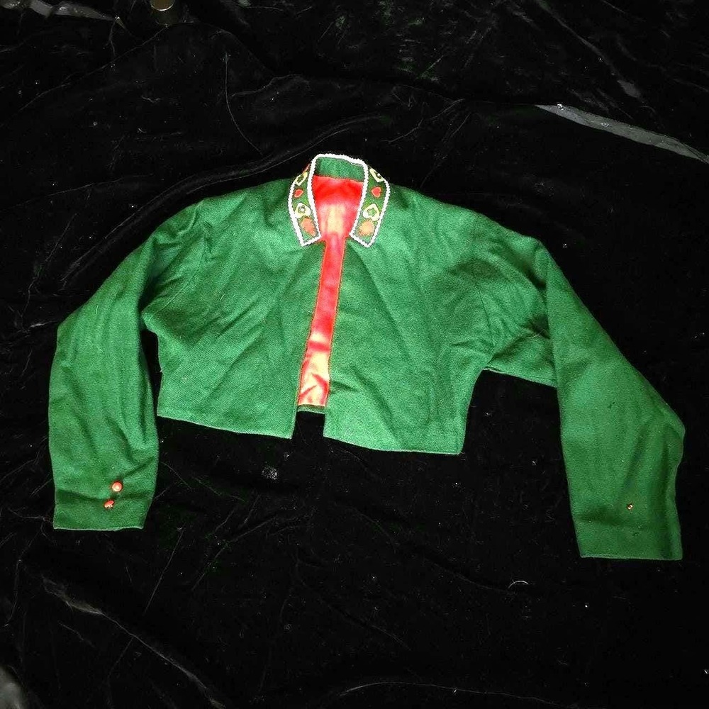 1940s Folk Art Green & Red Micro Cropped Jacket Felt Tyrolean Style Vintage